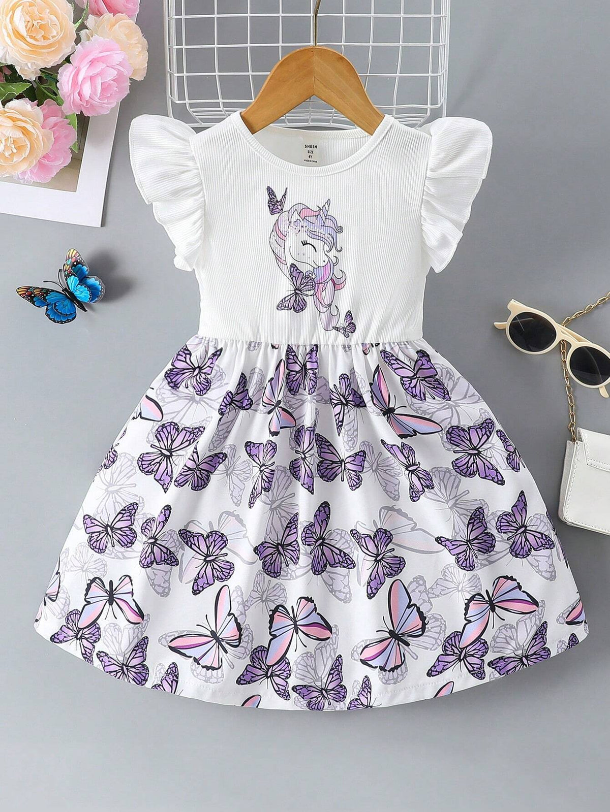Toddler Girls' Casual Cute Butterfly & Unicorn Printed Dress