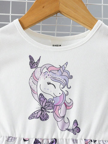 Toddler Girls' Casual Cute Butterfly & Unicorn Printed Dress