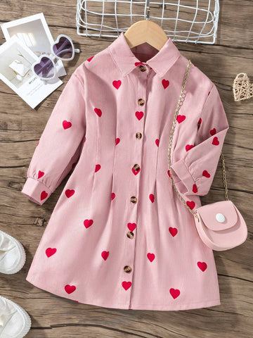 Toddler Girls' Casual Heart Pattern Corduroy Dress With Shirt, Autumn & Winter