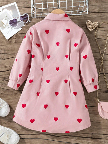 Toddler Girls' Casual Heart Pattern Corduroy Dress With Shirt, Autumn & Winter