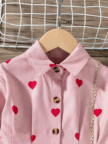 Toddler Girls' Casual Heart Pattern Corduroy Dress With Shirt, Autumn & Winter