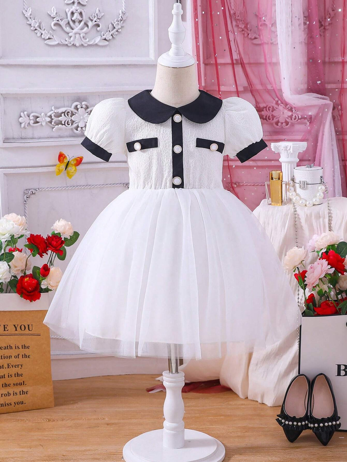 Toddler Girls Contrast Collar Puff Sleeve Mesh Hem Dress
