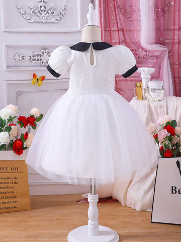Toddler Girls Contrast Collar Puff Sleeve Mesh Hem Dress
