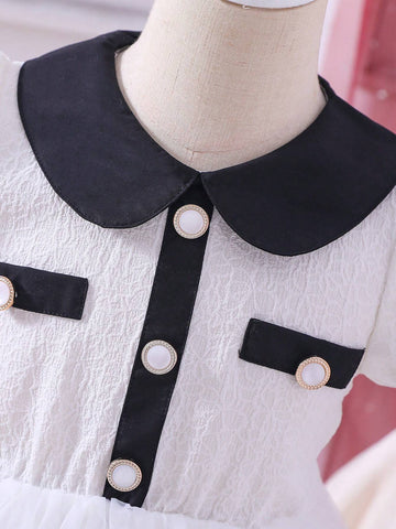Toddler Girls Contrast Collar Puff Sleeve Mesh Hem Dress
