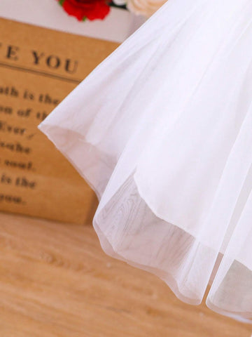 Toddler Girls Contrast Collar Puff Sleeve Mesh Hem Dress