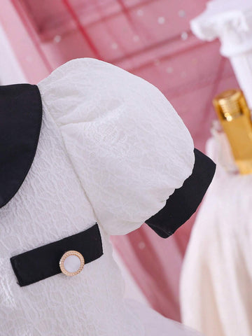 Toddler Girls Contrast Collar Puff Sleeve Mesh Hem Dress