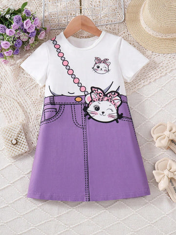 Toddler Girls' Cute And Playful Cat Printed T-Shirt Dress, Spring And Summer