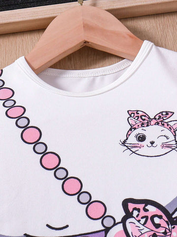 Toddler Girls' Cute And Playful Cat Printed T-Shirt Dress, Spring And Summer