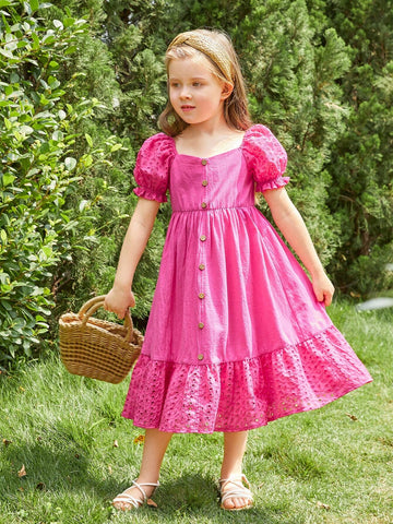 Toddler Girls Eyelet Embroidery Puff Sleeve Ruffle Hem Dress