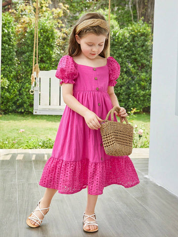 Toddler Girls Eyelet Embroidery Puff Sleeve Ruffle Hem Dress
