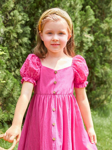 Toddler Girls Eyelet Embroidery Puff Sleeve Ruffle Hem Dress