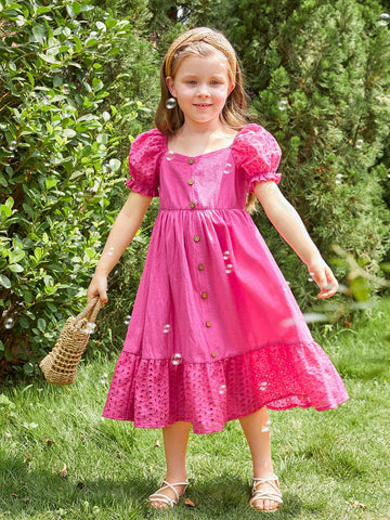 Toddler Girls Eyelet Embroidery Puff Sleeve Ruffle Hem Dress