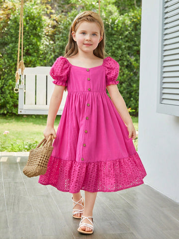 Toddler Girls Eyelet Embroidery Puff Sleeve Ruffle Hem Dress