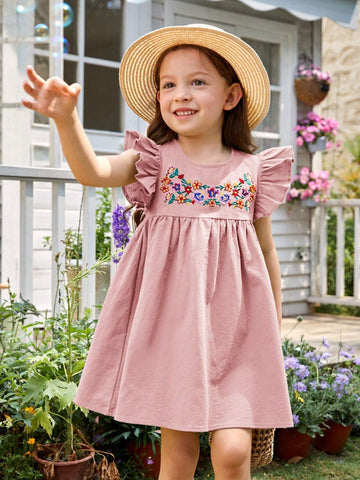 Toddler Girls Floral Embroidery Ruffle Trim Smock Dress