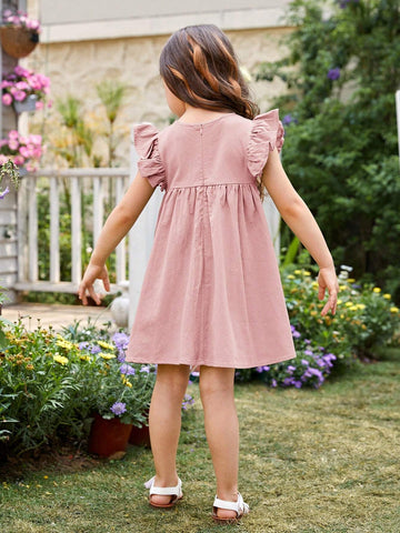 Toddler Girls Floral Embroidery Ruffle Trim Smock Dress