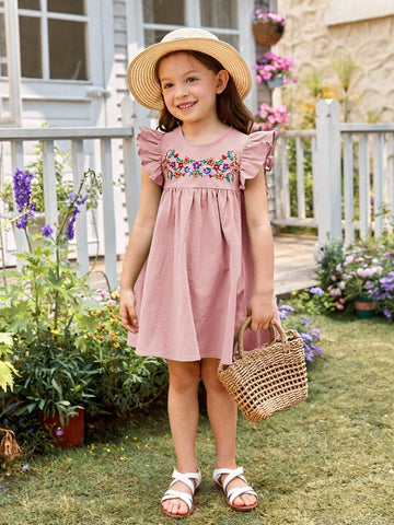 Toddler Girls Floral Embroidery Ruffle Trim Smock Dress