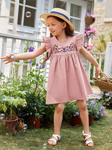 Toddler Girls Floral Embroidery Ruffle Trim Smock Dress