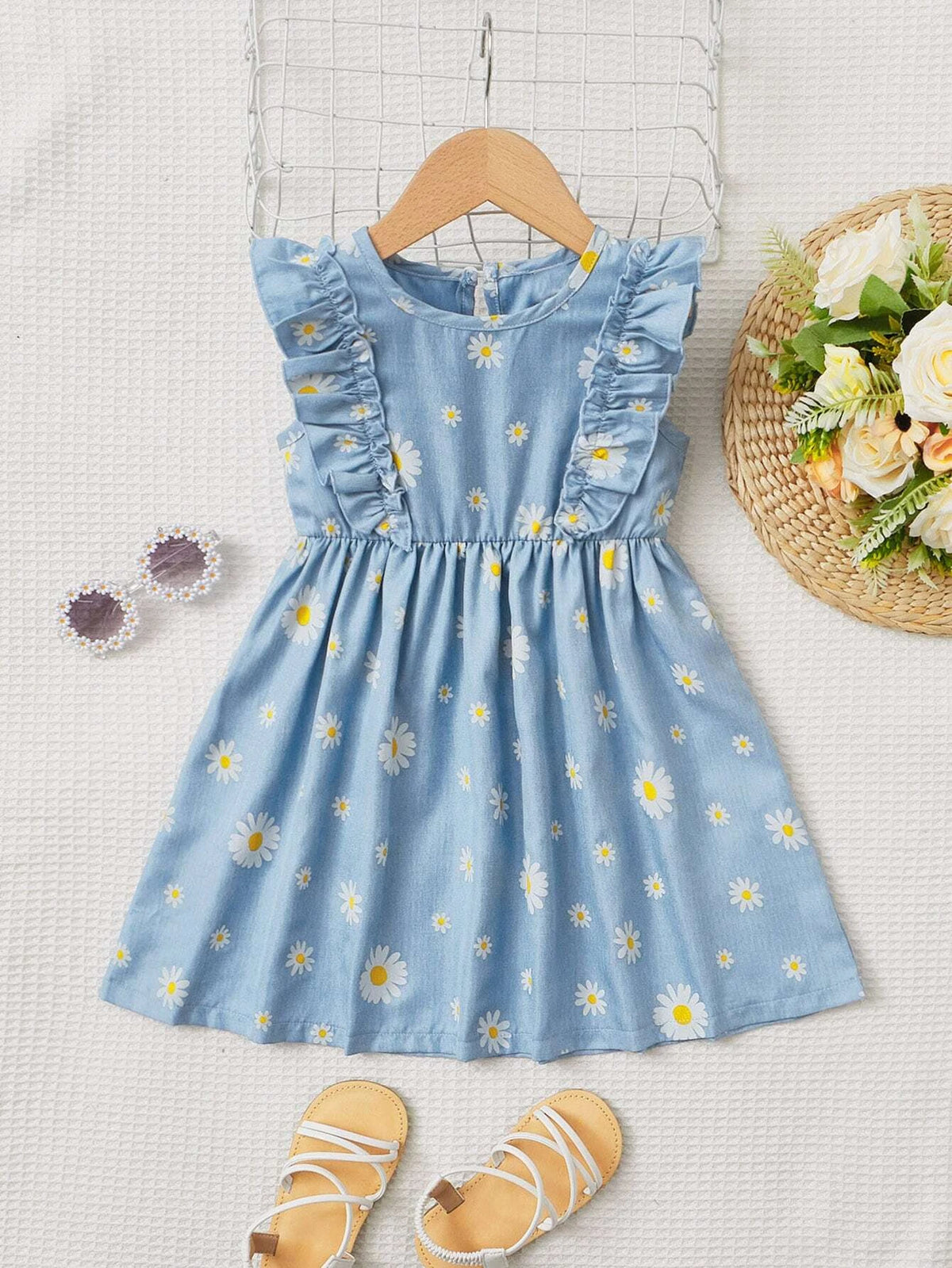 Toddler Girls Floral Print Ruffle Trim Dress