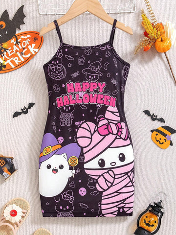Toddler Girls Halloween Casual Funny Ghost & Cat Cute Sweet Knitted Bodycon Suspender Dress, Suitable For Summer, Autumn, Winter, School, Daily Wear, Party, Family Gathering, Performance, Vacation, Sports, Halloween Party
