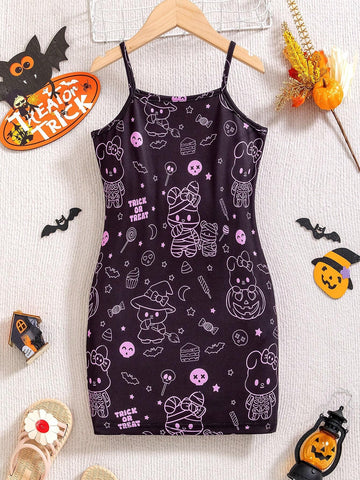 Toddler Girls Halloween Casual Funny Ghost & Cat Cute Sweet Knitted Bodycon Suspender Dress, Suitable For Summer, Autumn, Winter, School, Daily Wear, Party, Family Gathering, Performance, Vacation, Sports, Halloween Party