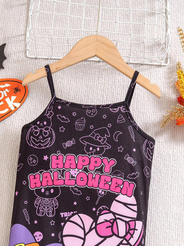 Toddler Girls Halloween Casual Funny Ghost & Cat Cute Sweet Knitted Bodycon Suspender Dress, Suitable For Summer, Autumn, Winter, School, Daily Wear, Party, Family Gathering, Performance, Vacation, Sports, Halloween Party