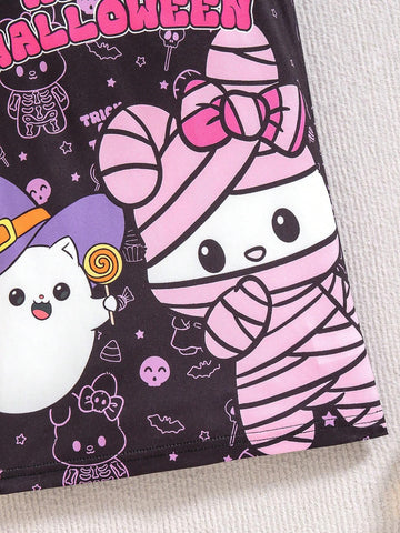 Toddler Girls Halloween Casual Funny Ghost & Cat Cute Sweet Knitted Bodycon Suspender Dress, Suitable For Summer, Autumn, Winter, School, Daily Wear, Party, Family Gathering, Performance, Vacation, Sports, Halloween Party