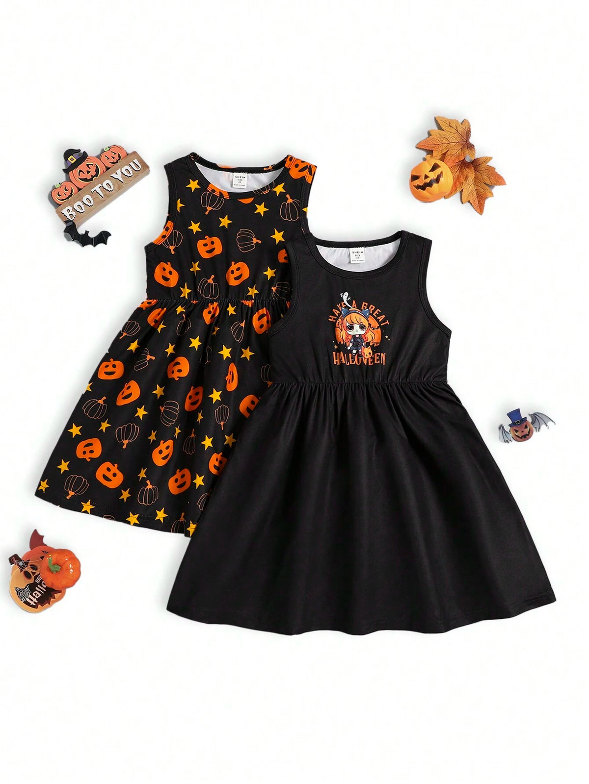 Toddler Girls Halloween Pumpkin Lantern & Star Print Cute Witch Casual Sleeveless Dress, Suitable For Halloween Fall Winter