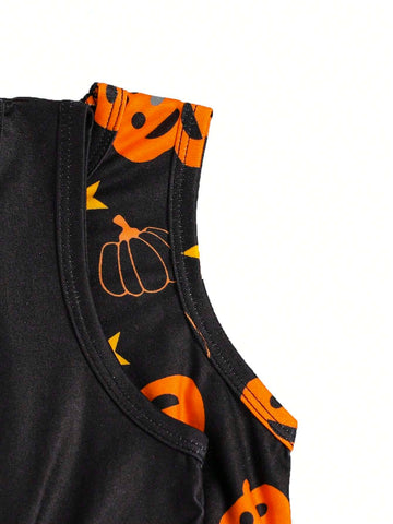 Toddler Girls Halloween Pumpkin Lantern & Star Print Cute Witch Casual Sleeveless Dress, Suitable For Halloween Fall Winter