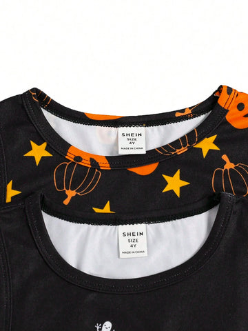 Toddler Girls Halloween Pumpkin Lantern & Star Print Cute Witch Casual Sleeveless Dress, Suitable For Halloween Fall Winter