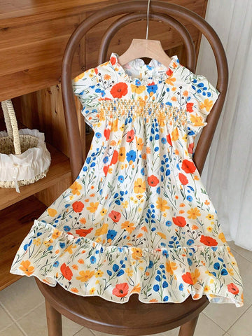 Toddler Girls' Holiday Elegant Floral Print Midi Dress With Ruffle Hem, Suitable For Summer, Autumn, Picnic, Outing, And Daily Wear, Perfect For Transitional Season Outfit