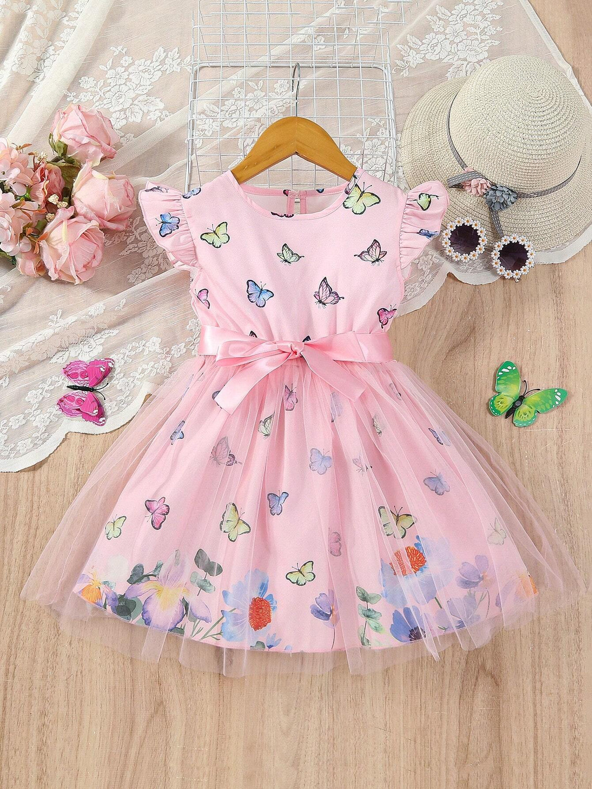 Toddler Girls' Pink Floral Butterfly Flying Sleeves Dress