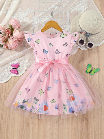 Toddler Girls' Pink Floral Butterfly Flying Sleeves Dress