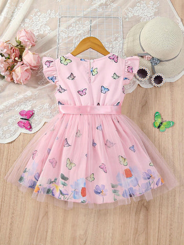 Toddler Girls' Pink Floral Butterfly Flying Sleeves Dress