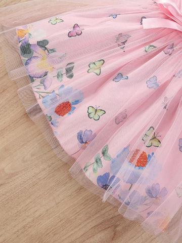 Toddler Girls' Pink Floral Butterfly Flying Sleeves Dress