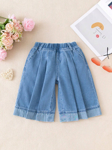 Toddler Girls' Pleated Blue Denim Wide Leg Pants