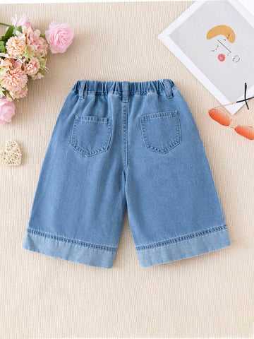 Toddler Girls' Pleated Blue Denim Wide Leg Pants