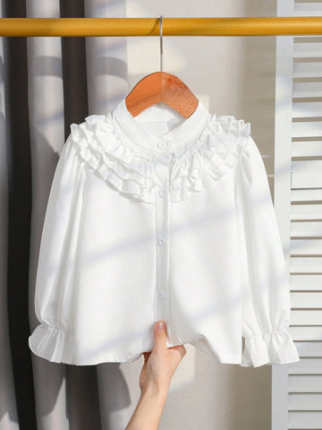 Toddler Girls' Ruffled Design White Blouse, Fashionable And Versatile For Fall/Winter
