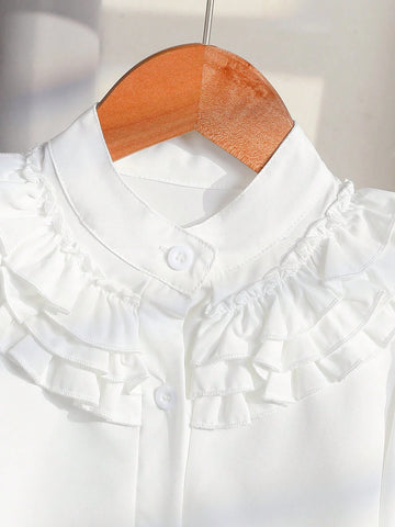 Toddler Girls' Ruffled Design White Blouse, Fashionable And Versatile For Fall/Winter