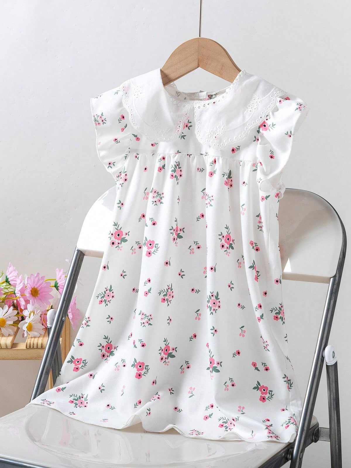Toddler Girls' Sleeveless Ruffle Floral Pattern Collared Dress