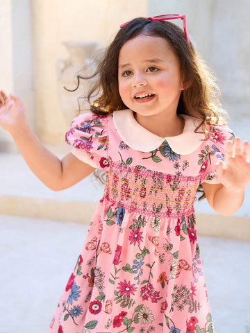 Toddler Girls' Vacation Floral Printed Doll Collar A-Line Dress