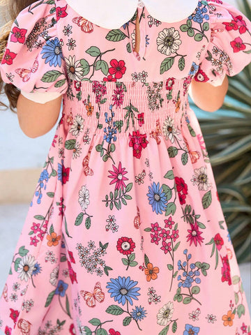 Toddler Girls' Vacation Floral Printed Doll Collar A-Line Dress