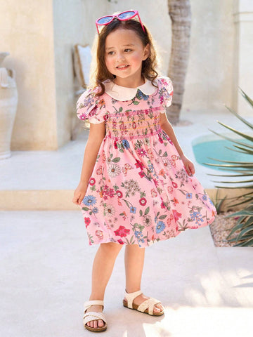 Toddler Girls' Vacation Floral Printed Doll Collar A-Line Dress