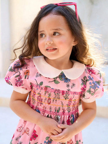 Toddler Girls' Vacation Floral Printed Doll Collar A-Line Dress