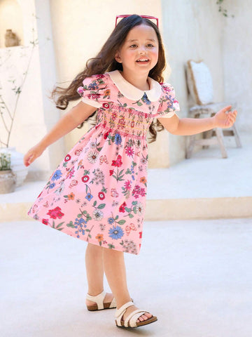 Toddler Girls' Vacation Floral Printed Doll Collar A-Line Dress