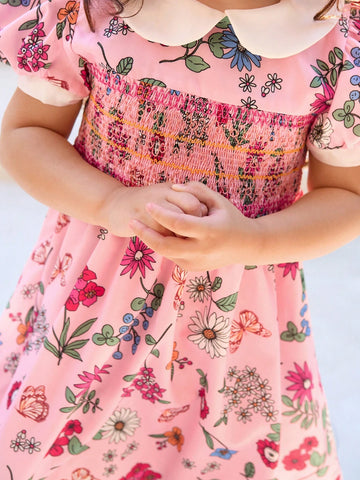 Toddler Girls' Vacation Floral Printed Doll Collar A-Line Dress