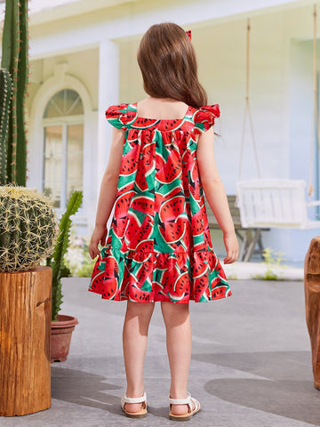 Toddler Girls Watermelon Print Ruffle Trim Smock Dress