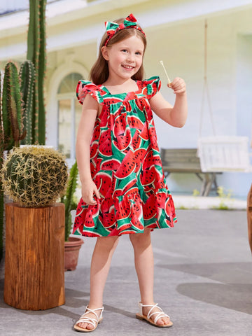 Toddler Girls Watermelon Print Ruffle Trim Smock Dress