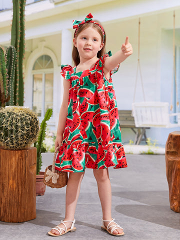 Toddler Girls Watermelon Print Ruffle Trim Smock Dress