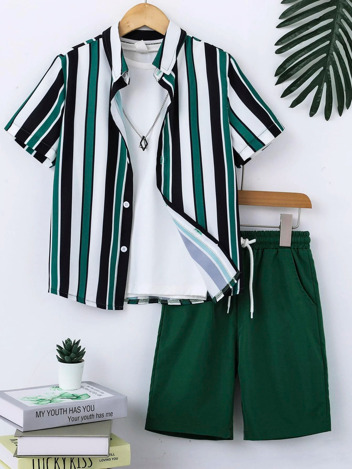 Tween Boy Striped Shirt & Drawstring Waist Shorts Without Tee