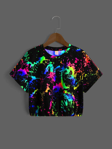 Tween Girl Reflective Ink Splatter Print Top